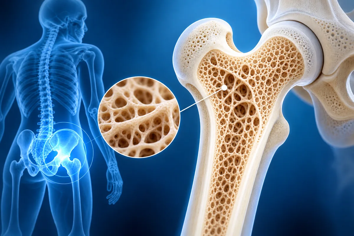 Illustration of a skeleton with the hip highlighted, and a thigh bone (femur) with a magnified view of the honeycomb bone structure inside.